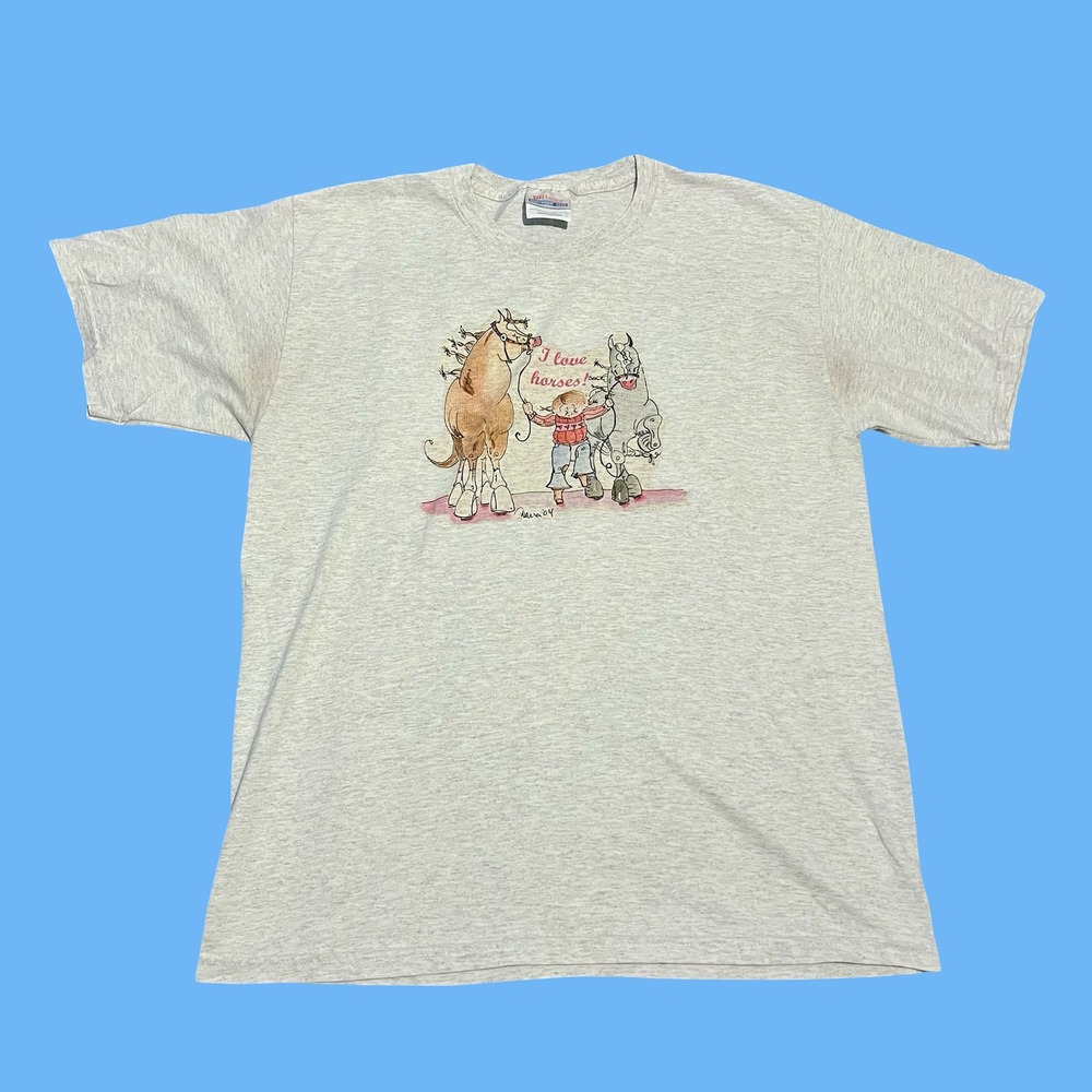 Vintage Hanes Heavyweight I Love Horses Graphic T-Shirt Gray Adult M 2004 Y2K
